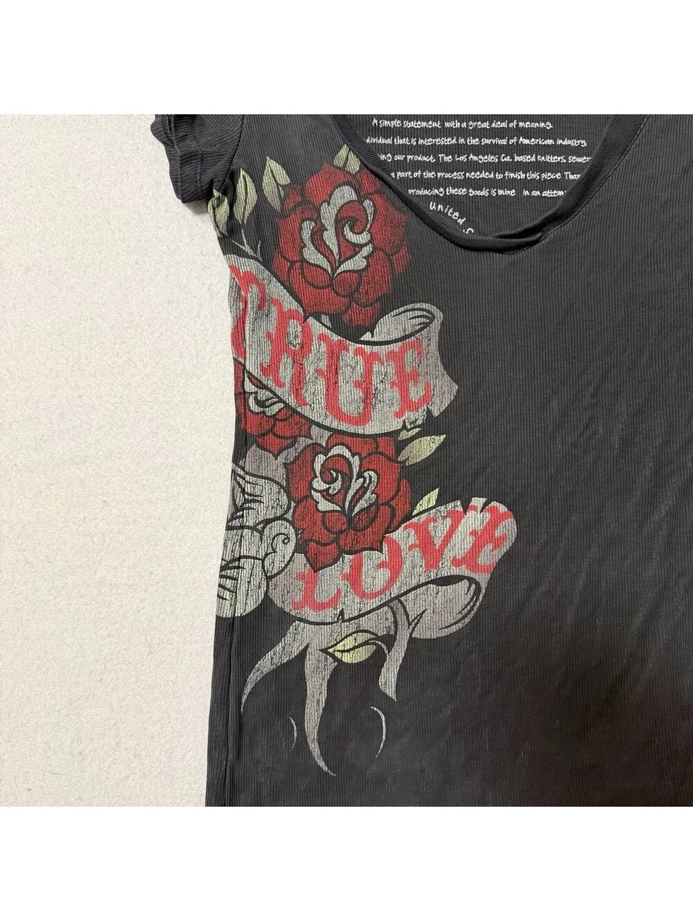 Vintage Y2K Blue Tattoo Made in USA Scoop Neck Tee Charcoal Rose True Love Top